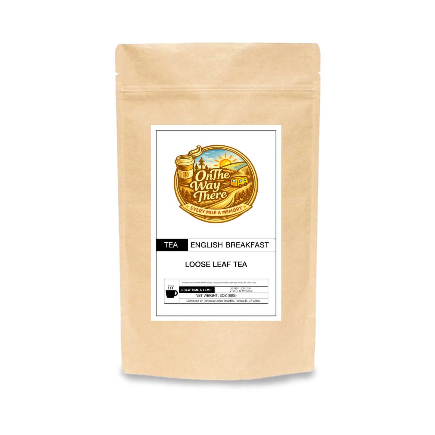 Packaging of English Breakfast loose leaf tea featuring a rustic design and logo.