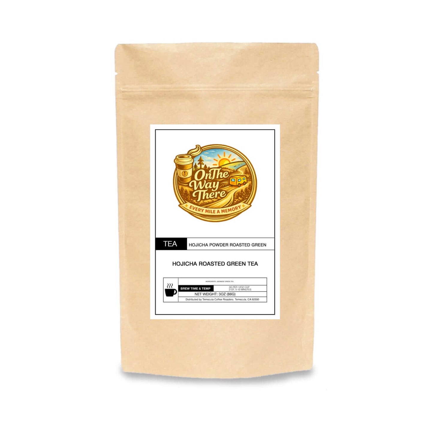 Hojicha powder roasted green tea packaging showcasing a smooth cup of toasted cereal flavor.