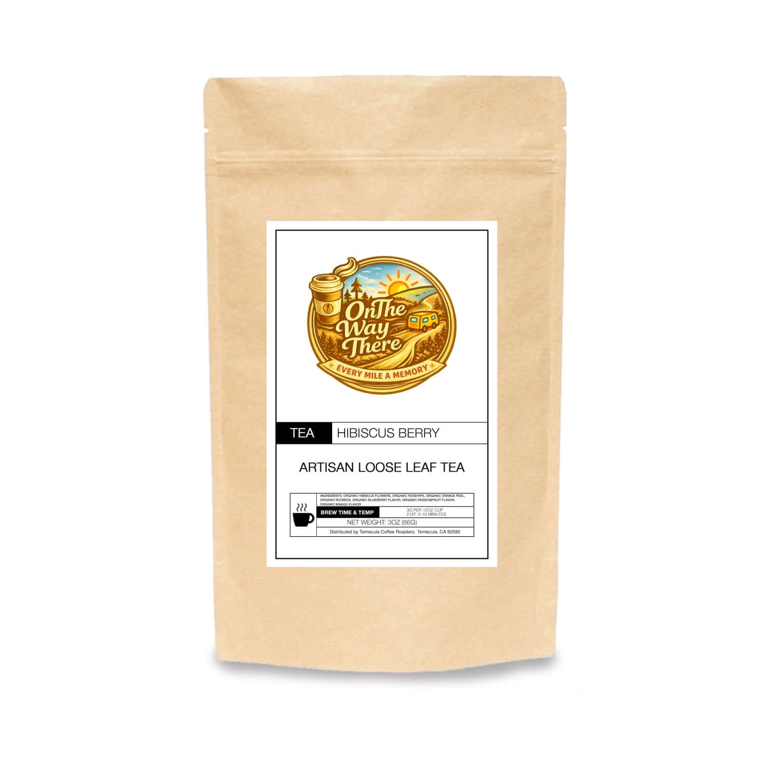 Hibiscus Berry Tea package featuring artisan loose leaf tea with organic ingredients and vibrant branding.